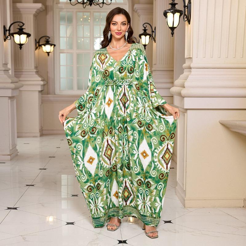 Женская мода весна осень геометрический принт длинный рукав V-образный вырез свободная талия повседневные платья