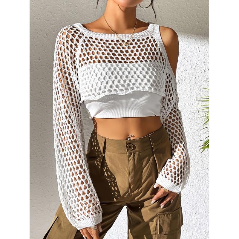 Womens Cropped Knit Top Sexy Hollow Out Long Sleeve Sweater Casual Fashion Outerwear