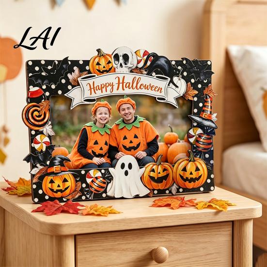 Sturdy Wood Display Stand Halloween Wooden Photo Frame Pumpkin Ghost Cat Cutout Picture Frame Holder Double-sided Holiday Tabletop Decor for