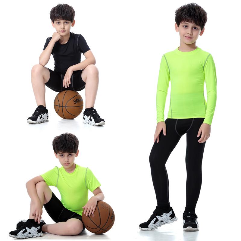 Kids' PRO Sports Fitness Gear: Boys' & Girls' Quick-Dry Running Sets with Long/Short Sleeve Shirts, Elastic Shorts, and Long Pants.