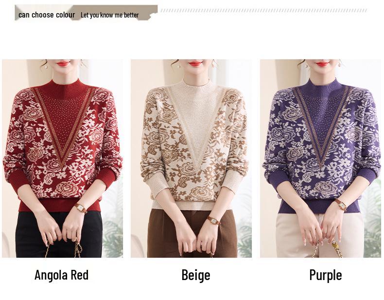 Chic Autumn/Winter Velvet-Lined Half-High Collar Warm Sweater for Stylish Middle-Aged & Elderly Women