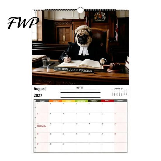 Dog Themed Planner 2027 Pugs Working Wall Calendar, Funny Hanging Humorous Pet Poster 12 Monthly with Unique Illustrations for Home Office Decor Year