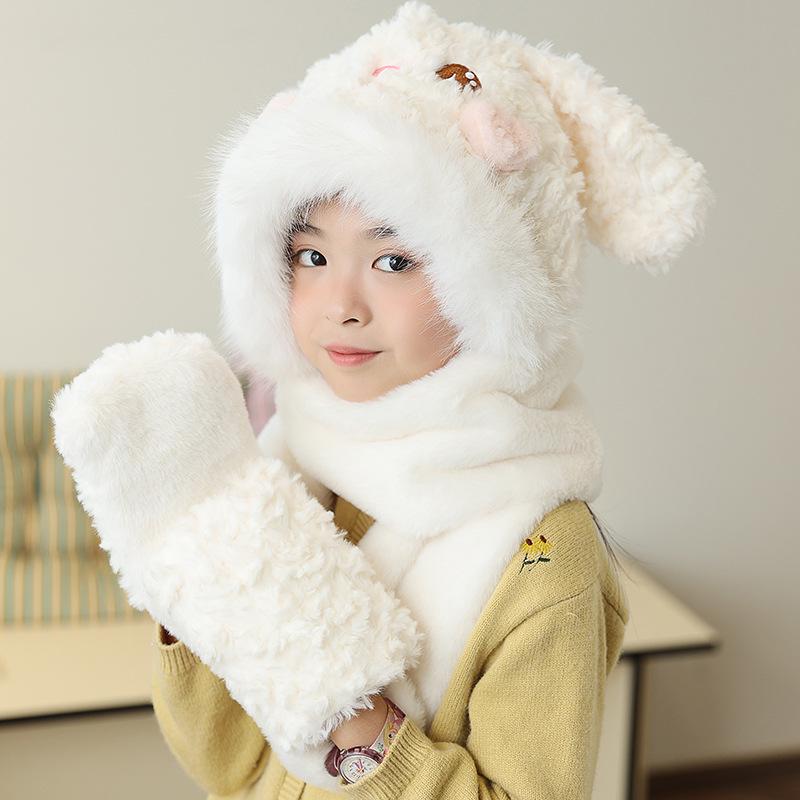 Children's Plush Winter Hat Set: Three-Piece Scarf, Gloves, and Ear-Protecting Cap