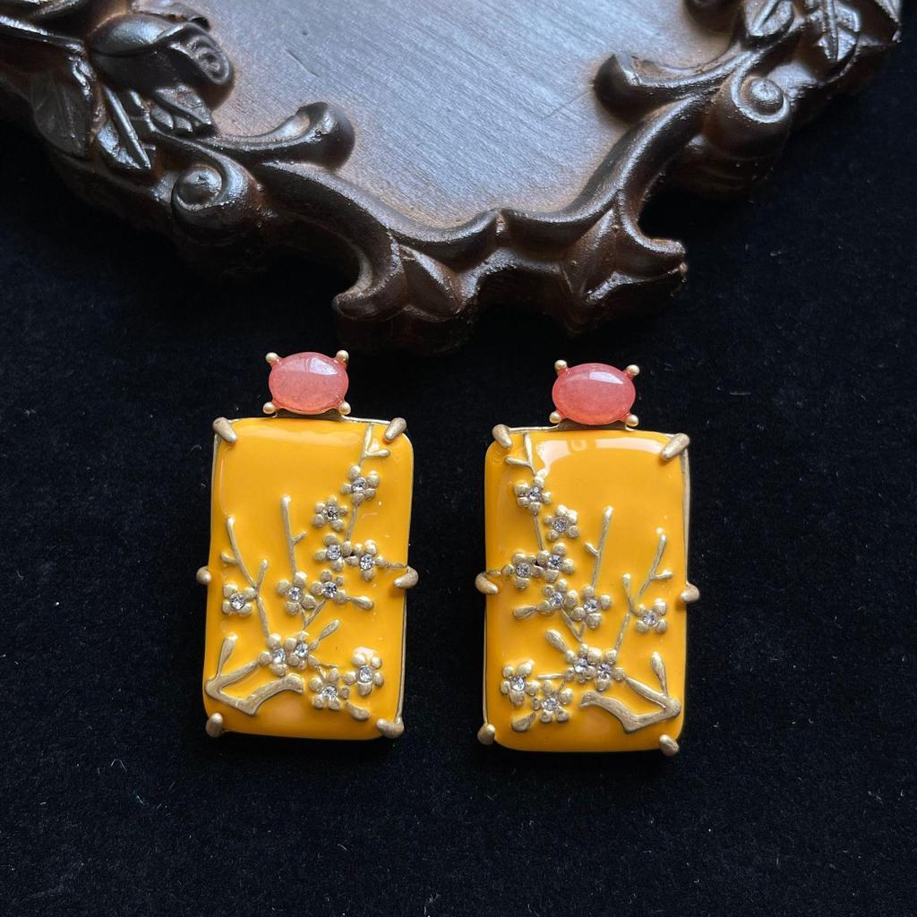 Винтажные серьги в китайском стиле с цветком сливы: Игла из серебра 925 пробы, латунная эмаль и натуральные камни для женщин