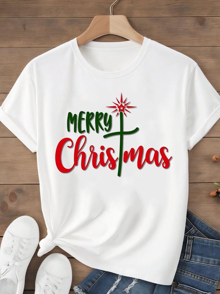 (Азиатский размер) Топ футболка фестиваль С Рождеством Новым годом Праздник Женская с надписью милый стиль Принт Леди Короткий рукав Мода Графические футболки