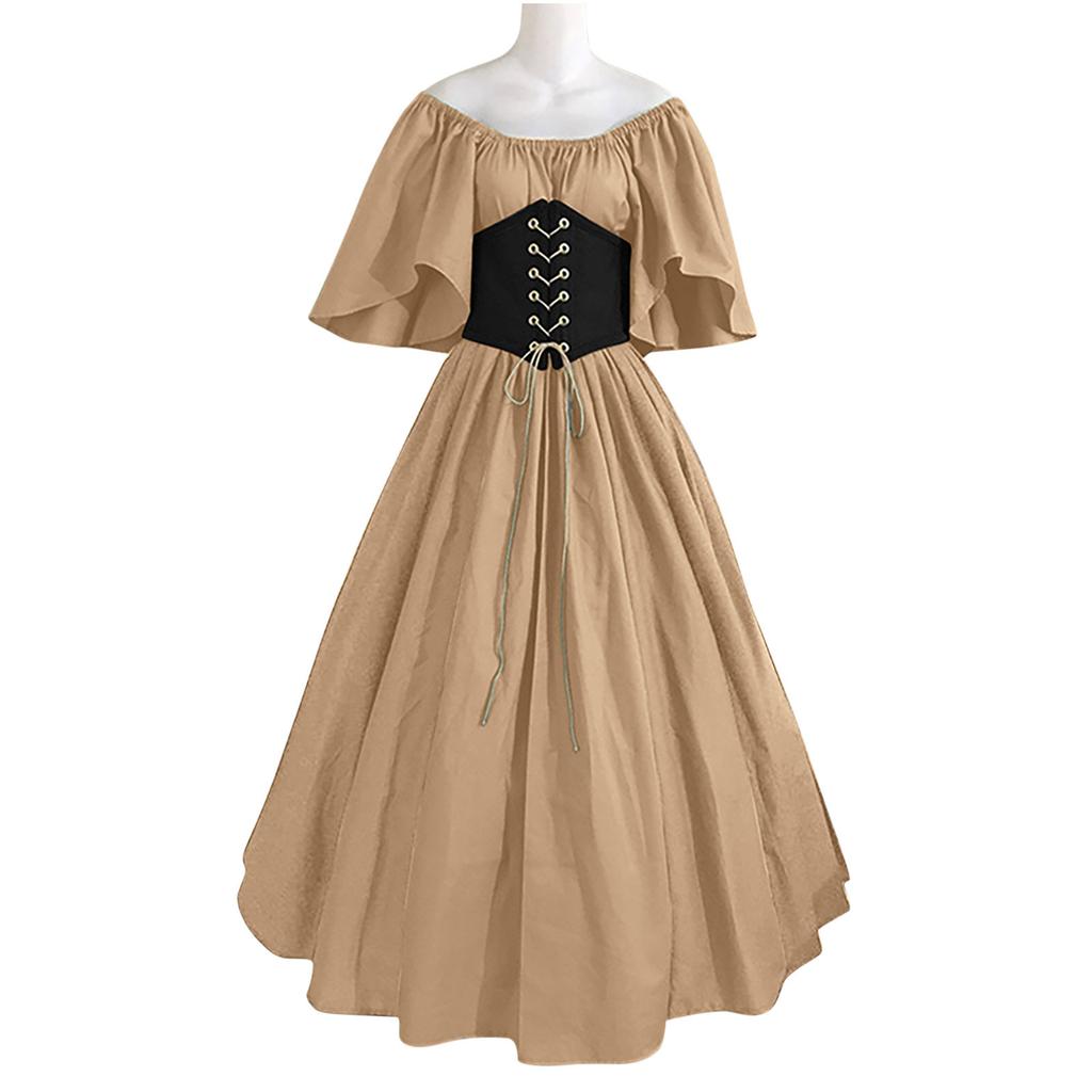 Women's Round Neck Dress Flare Sleeve Off Shoulder Medieval Vintage Dresses with Corset Patchwork Ball Gown