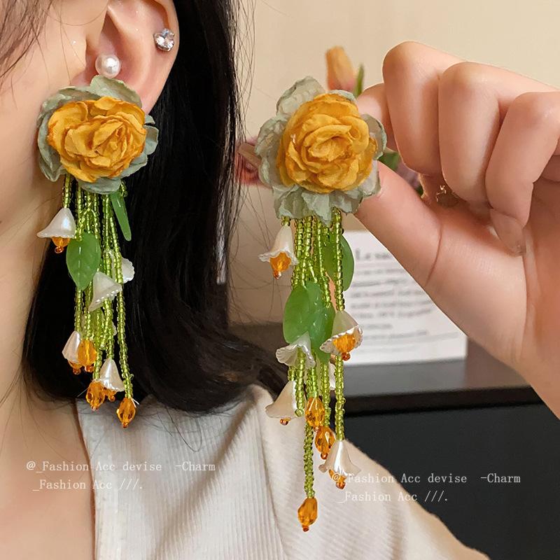 Silver needle Mori flower fringed earrings ins sweet design stud earrings Korean high-end versatile earrings