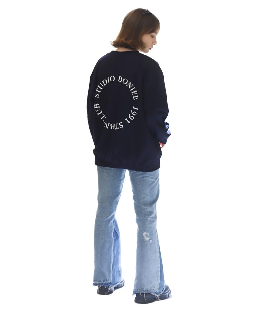 BONIEE [Fleece Lined] Back Circle Typo Graphic Logo Graphic Oversized Sweatshirt Navy