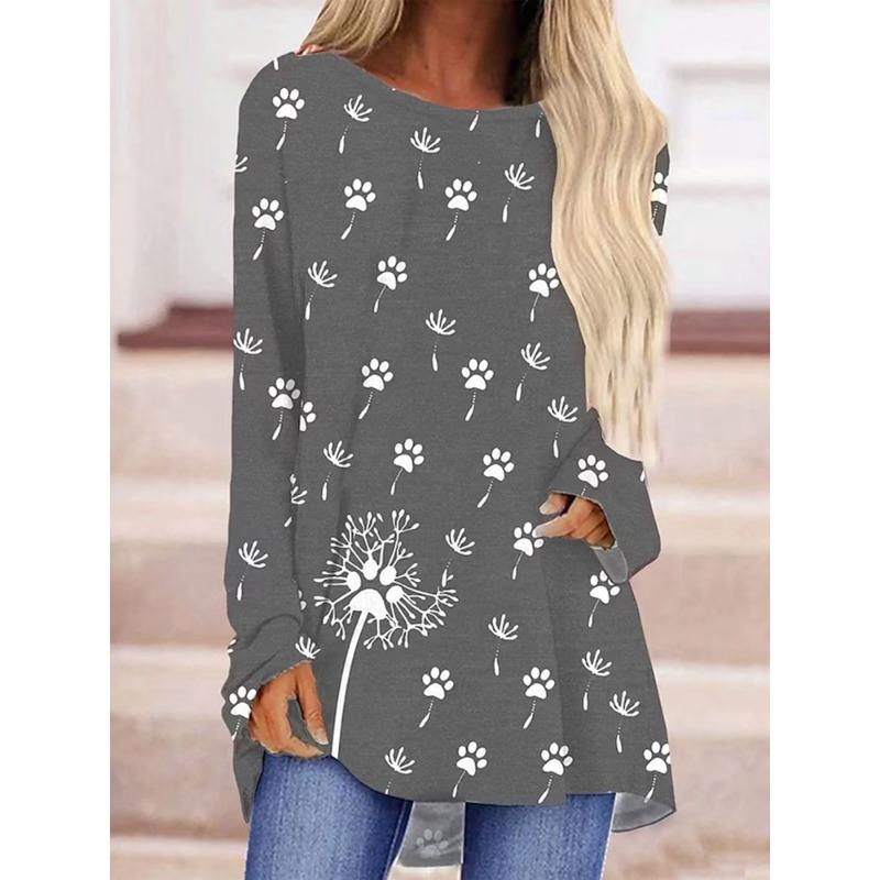 Зимняя футболка с длинным рукавом, модная женская одежда, футболка с круглым вырезом и длинным рукавом, трендовый топ с принтом, осенняя свободная футболка