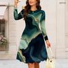 Women Plus Size Round Neck Long Sleeve Dark Teal Navy Gold Printed A Line Flared Dress