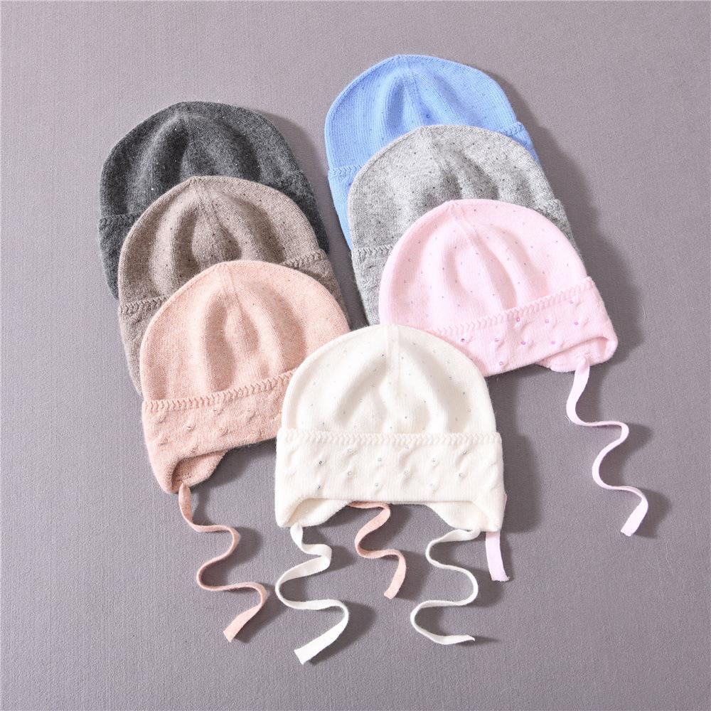 Children's knitted hat rabbit velvet front with small diamonds with braids ear protectors cute outdoor wool hat warm and windproof