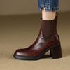 Genuine Leather Retro Round Toe Elastic BandThick-Soled High Heel 2025 New Black Short Boots Woman Chelsea Shoes Ankle Boots