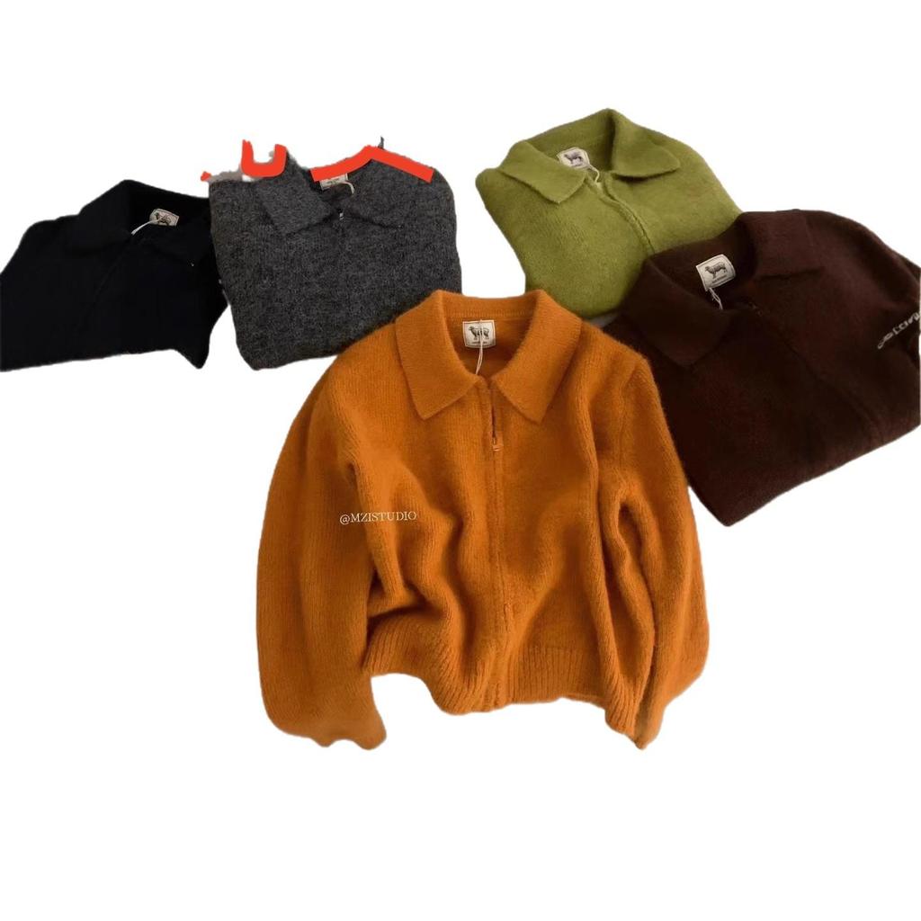 Ladies' Retro Knit Zipper Lapel Cardigan – Petite Fit, Autumn/Winter Casual Jacket