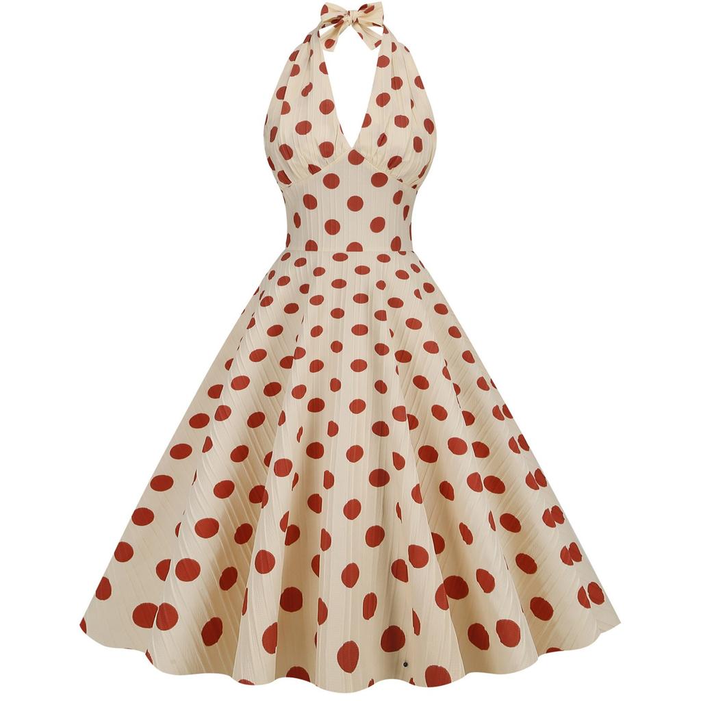 Women's Retro  High Waist Polka Dot Holiday Party Dress Neck Backless Sexy Midi Dress