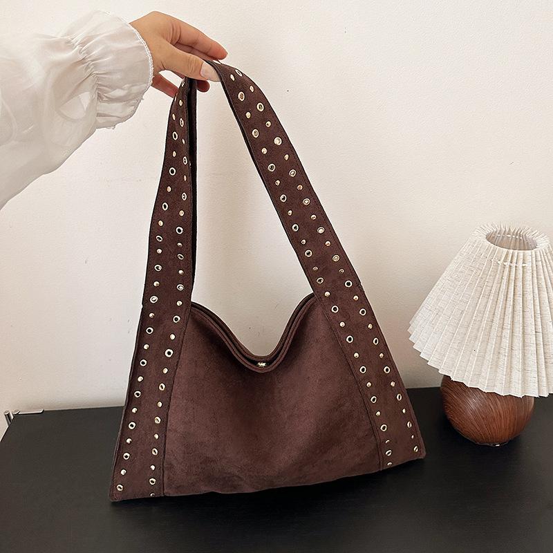 Ретро Замшевые Сумки через Плечо с Заклепками, Рабочие Сумки из ПУ Кожи, Большая Сумка-Тоут, Мешковатая Сумка-Локомотив для Женщин, для Путешествий, Зима, Осень