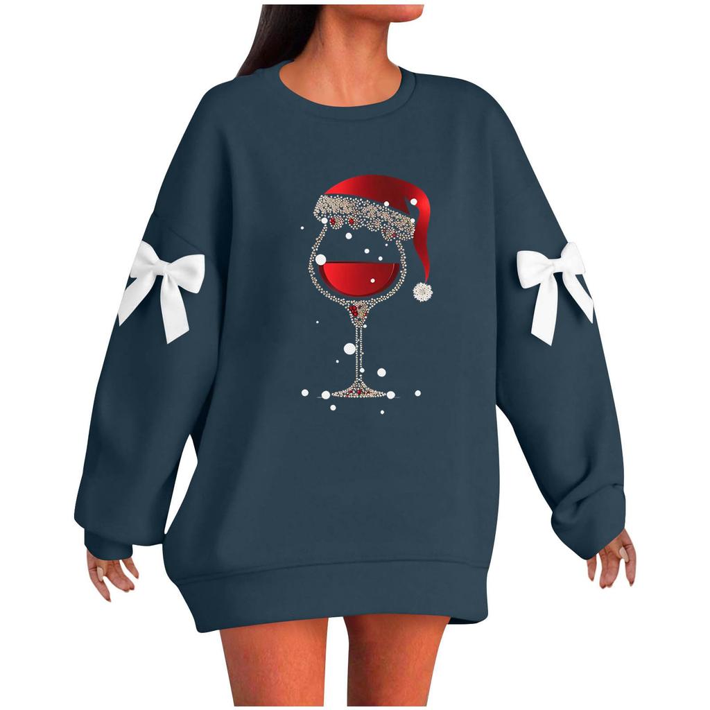 Ladies' Christmas Printed Bow Round Neck Long Sleeved Loose Pullover Sweater Sweatshirt Top