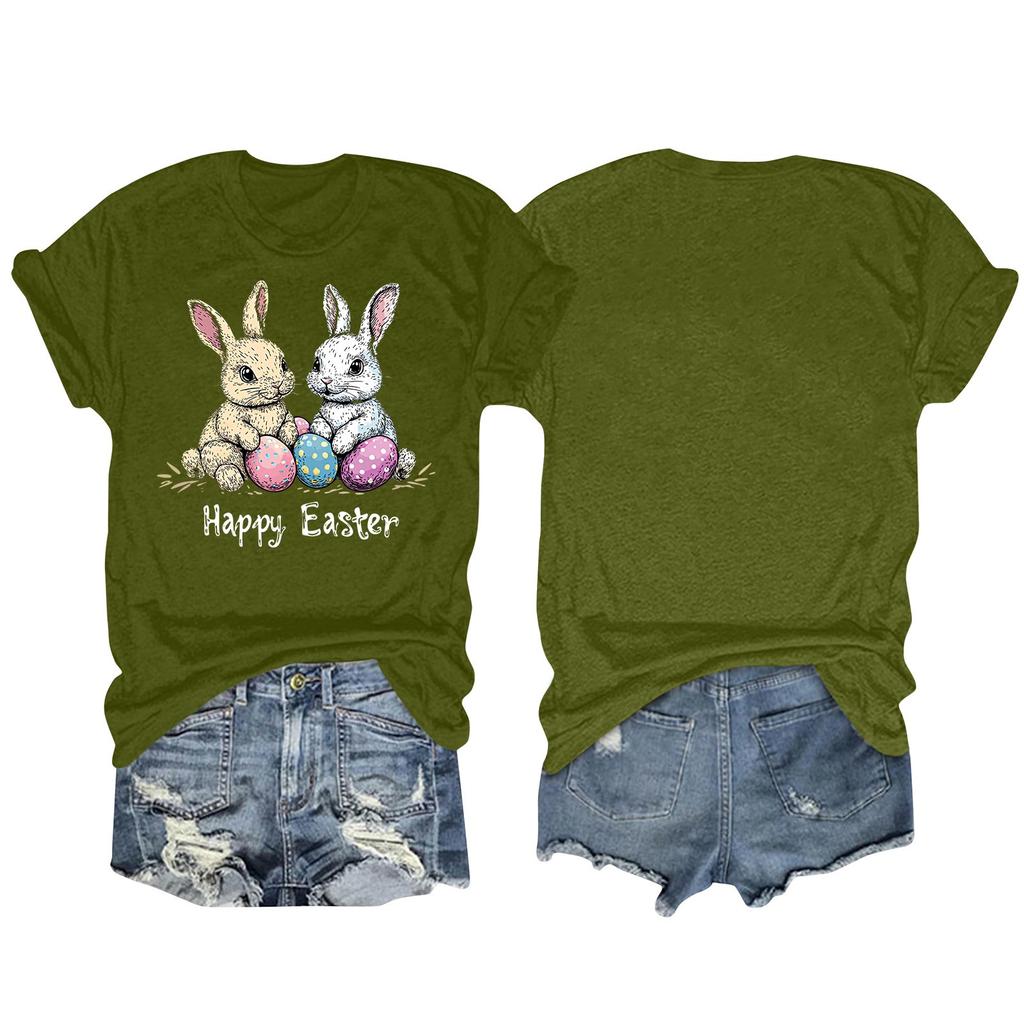 Happy Easter Women's Fashion Printed Round Neck Short Sleeve T-Shirt Pullover Top