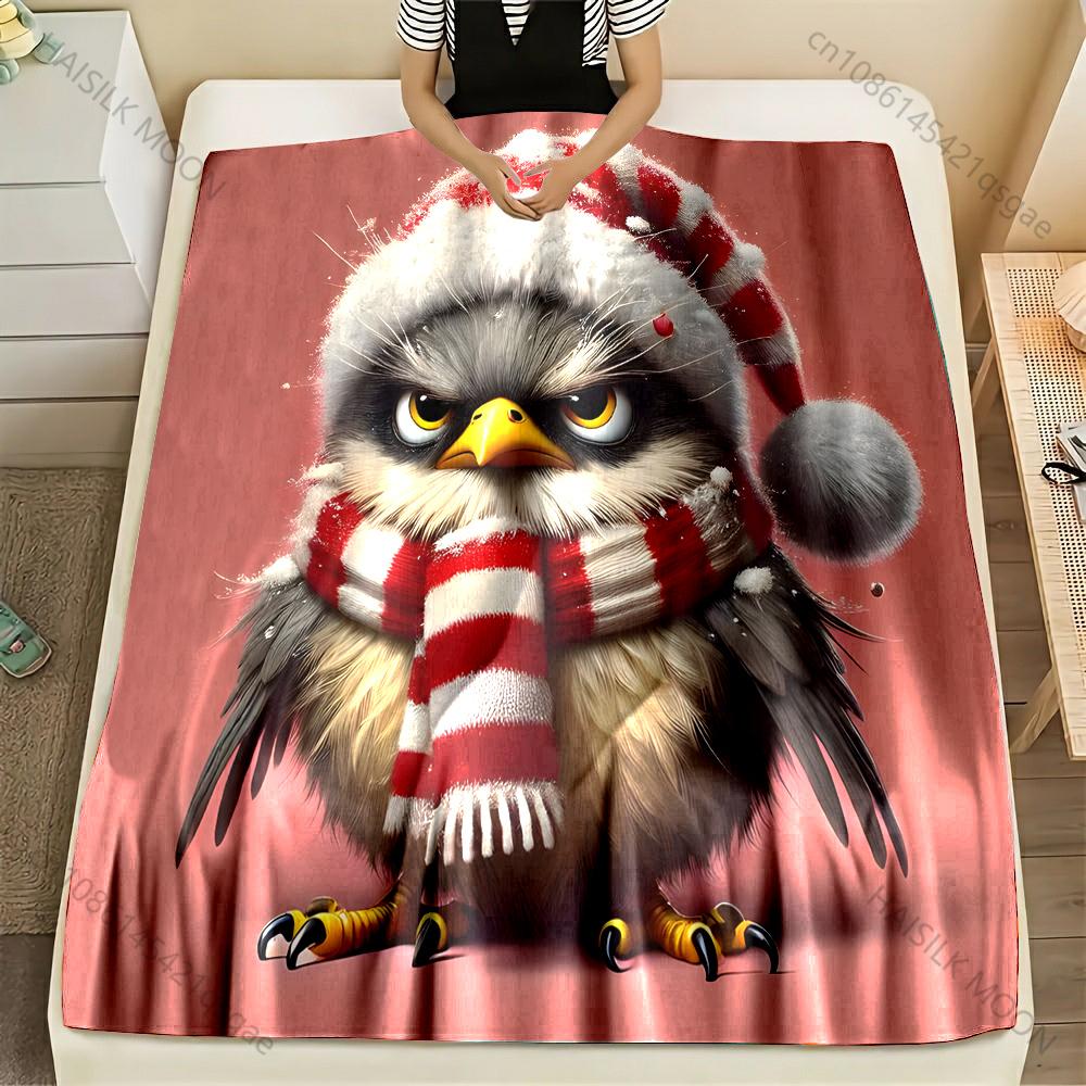 1PC Bird Wearing A Santa Hat Pattern Blanket Flannel Material Soft Warm for All Seasons,For Home Outdoor Camping Picnics RV