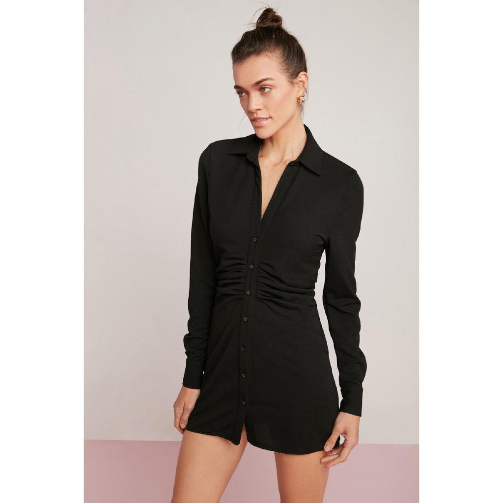 Rhea Women's Knitting Crepe Interlock Drape Detailed Shirt Collar Buttoned Mini Size Black Dress