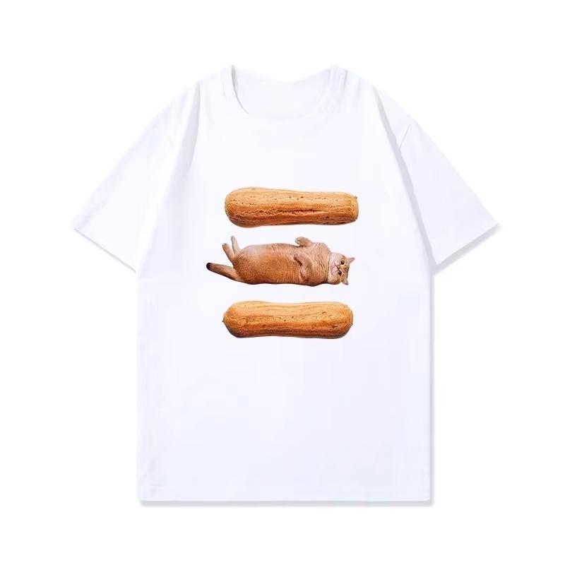 Cat Sandwich Pure Cotton Printed Unisexs and Womens Fashionable Short Sleeved New Personalized Casual Round Neck Tshirt