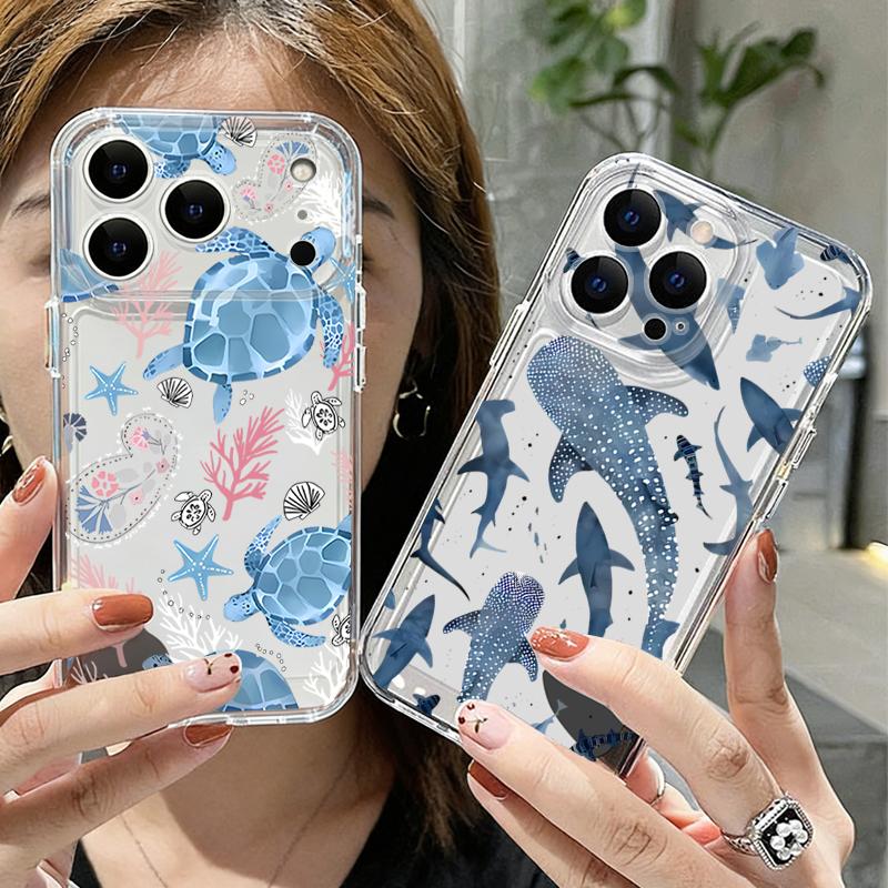 Силиконовый прозрачный чехол для телефона для iPhone 17 16 Pro 15 14 13 12 Pro Max 11 Прозрачный противоударный мягкий ТПУ Чехол с принтом Акула Черепаха