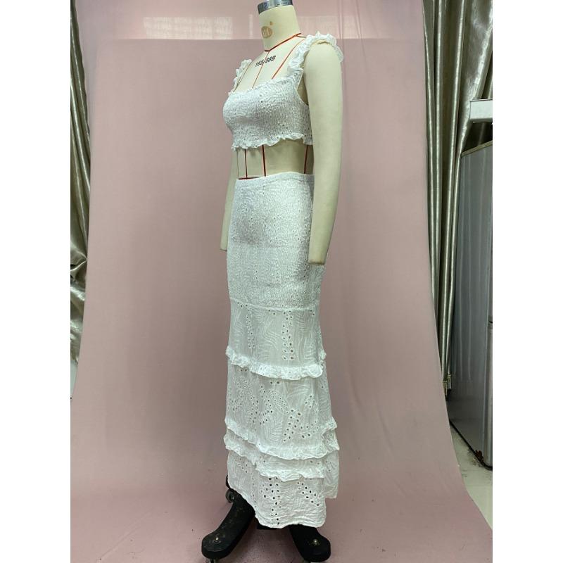 Летний женский комплект с кружевной длинной юбкой без талии с запахом на бедрах «рыбий хвост»