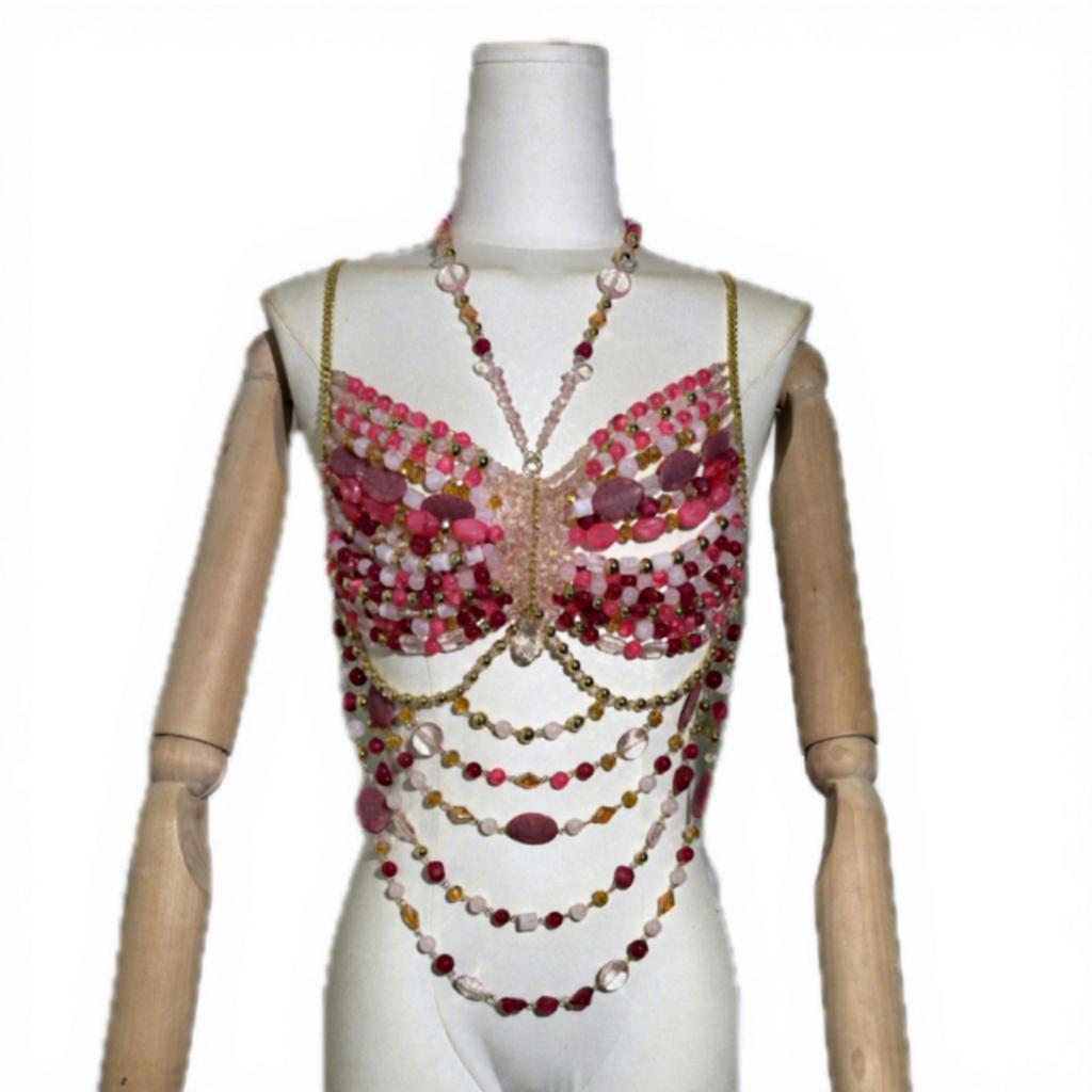Handmade Elegant Pearls Beaded Tassels Halter Neck Crop Top for Women Body Jewelry Bra Chest Chain for Parties and Festivals
