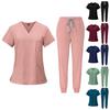 2Pcs/Set Men Women Hospital Uniform Set V-neck Short Sleeve Side Split Tops Elastic Drawstring Waist Jogger Pants Set Multi Pockets