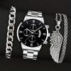 3pcs/set, Fashion Men's Casual Round Dial Stainless Steel Quartz Wrist Watch & Bracelet & Necklace, Best Gifts for Him