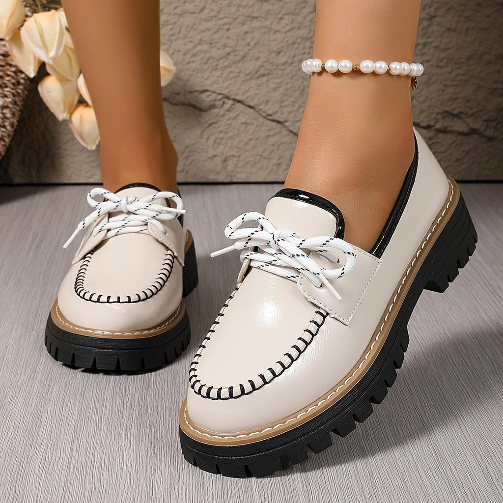 Женские модные и элегантные лоферы однотонной расцветки, декоративные туфли на шнуровке для путешествий, женская обувь в стиле колледжа с круглым носком и толстым каблуком