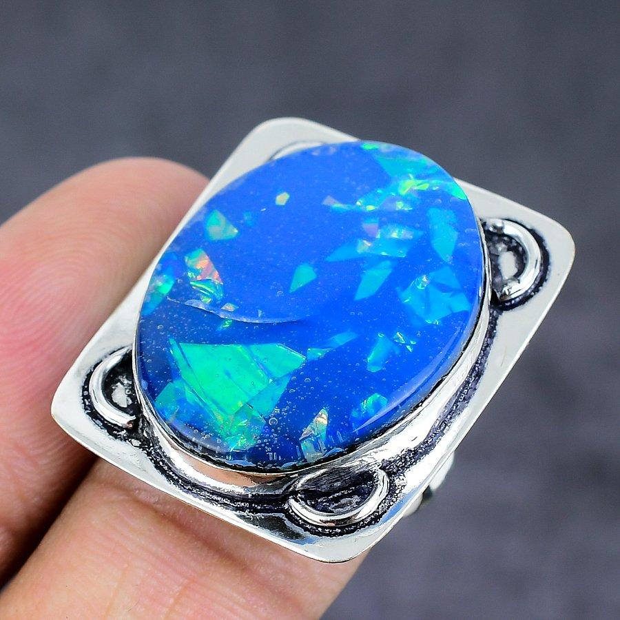 Blue Triplet Opal Handmade 925 Sterling Silver Jewelry Ring Size 8 V3n14
