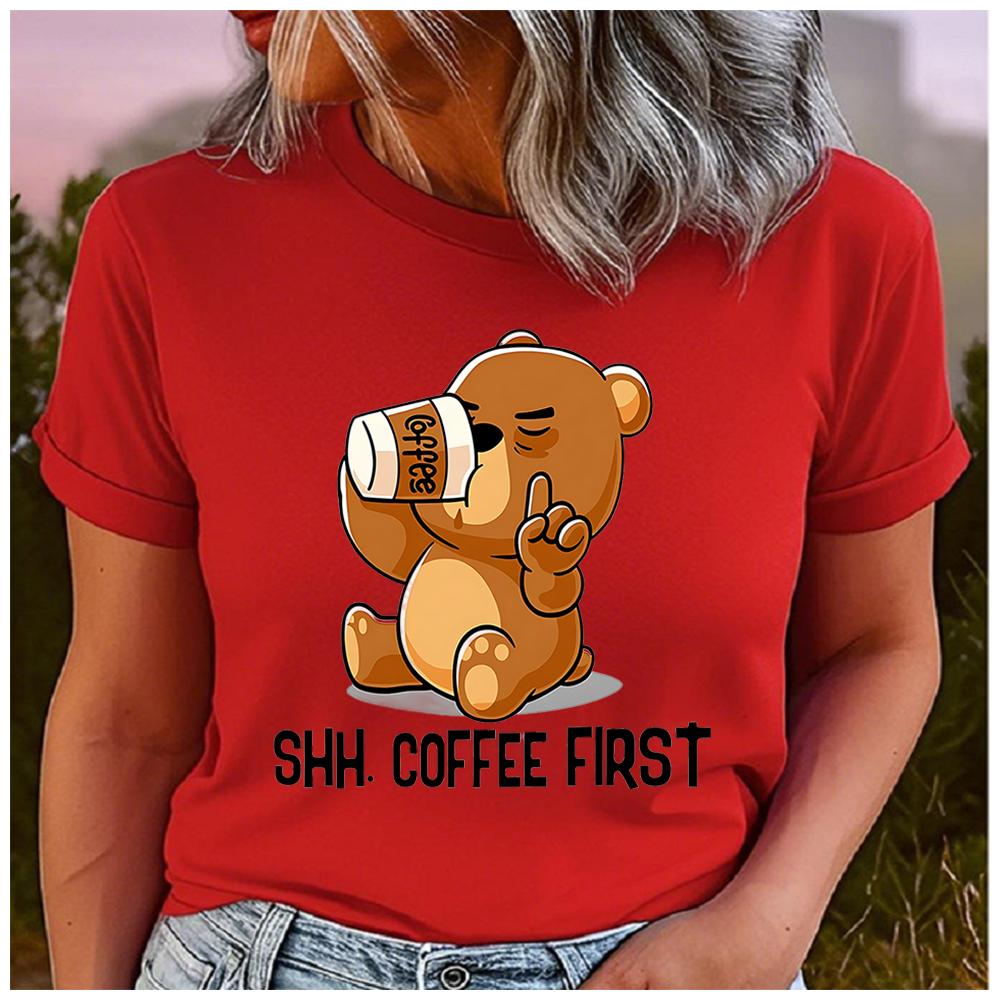 Unisex Casual Short Sleeve T-Shirt, 100% Polyester, Round Neck, Coffee Bear Print, Loose, Fashion, Summer Top
