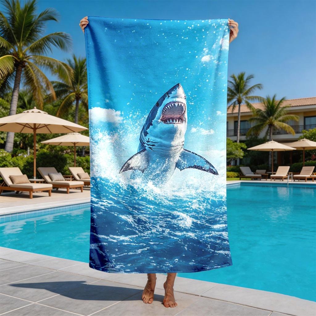 great white shark leaps out of the water polyester microfiber beach towel is highly absorbent, suitable for swimming and beach