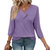 Womens 3/4 Sleeve Daily Weekend V Neck Casual Printed Tshirts Loose Fit Pleated Tees Button Down Shirts