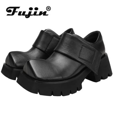 Мокасины Fujin 5,5 см, осенне-весенние туфли-лодочки, женская модная обувь, натуральная коровья кожа, высокие каблуки, этническая платформа на танкетке с крючками
