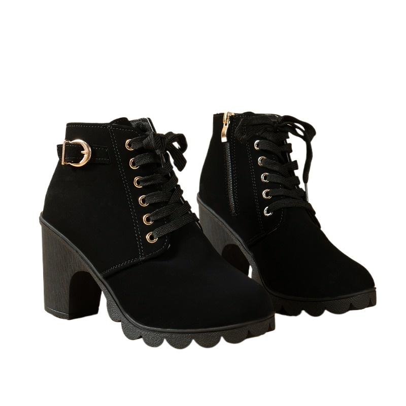 Новые зимние женские сапоги, модные, с круглым носком, запоминающиеся, однотонные, замшевые, с боковой молнией, женские, на высоком каблуке, короткие сапоги