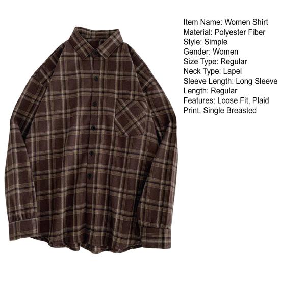 Женская рубашка с лацканами, длинным рукавом, клетчатым принтом, рубашка с карманами, однобортная рубашка свободного кроя, повседневная одежда
