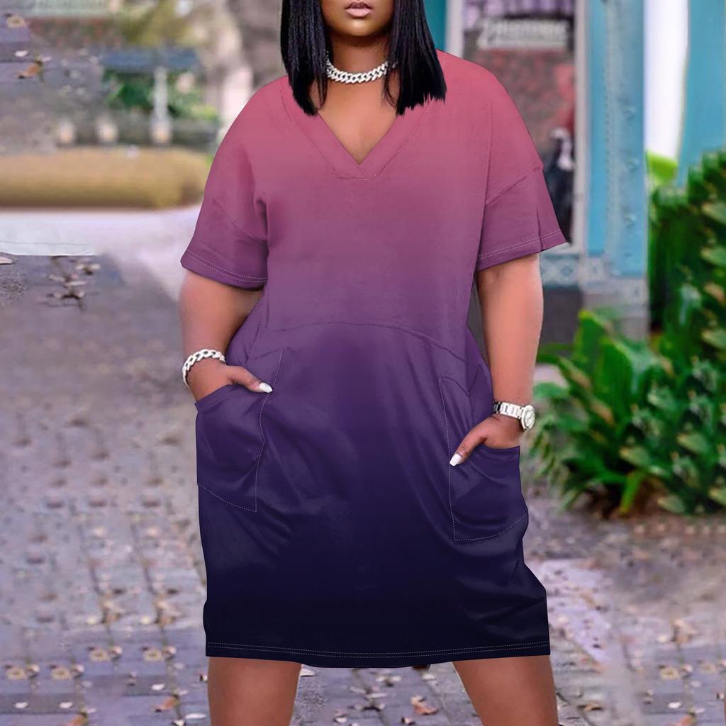 Лето плюс размер V-образным вырезом с коротким рукавом и карманом до колена с градиентным принтом повседневное платье для женщин