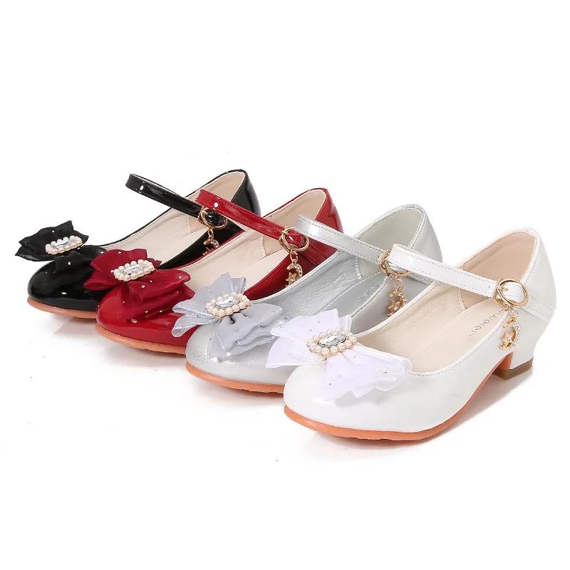 2024 Sweet Girls Party Shoes Elegant Bowknot Kids Princess Glossy PU Leather Shoes for Wedding Party Fashion Children High Heels