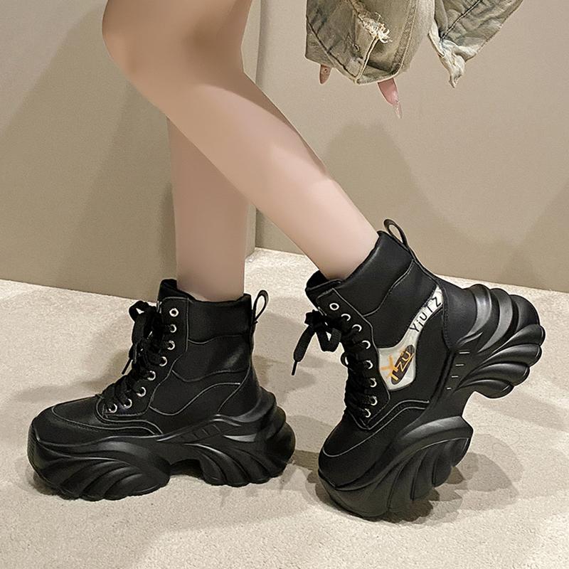 Модные готические ботинки на толстой платформе для женщин, осенне-зимние, ботильоны из искусственной кожи, женские, черные, на толстой подошве, мотоциклетные ботинки Mujer
