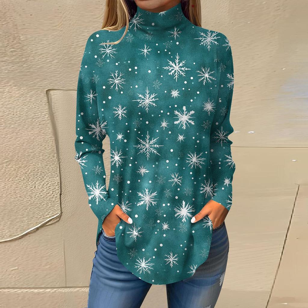 Женская модная повседневная футболка с длинным рукавом с высоким воротом и принтом, пуловер, топ