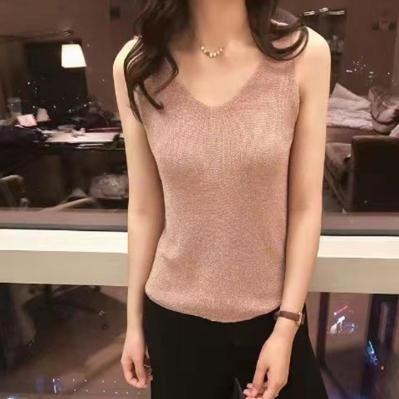 Women Summer New Sexy V-neck Loose Short Sleeveless Ice Silk Bottoming Shirt Casual Lightweight Cool Basic Top for Daily Wear Street