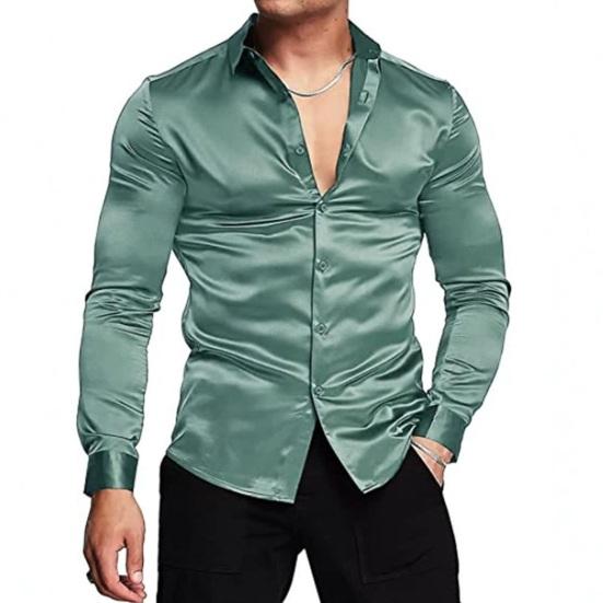 Мужская глянцевая рубашка однотонная с длинным рукавом деловая рубашка на пуговицах повседневная приталенная рубашка для выпускных вечеров свадеб