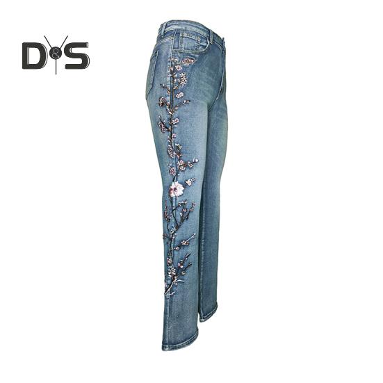 Женские расклешенные джинсы с цветочной вышивкой, расклешенные джинсы с высокой талией, узкие брюки из микроэластичного денима с карманами