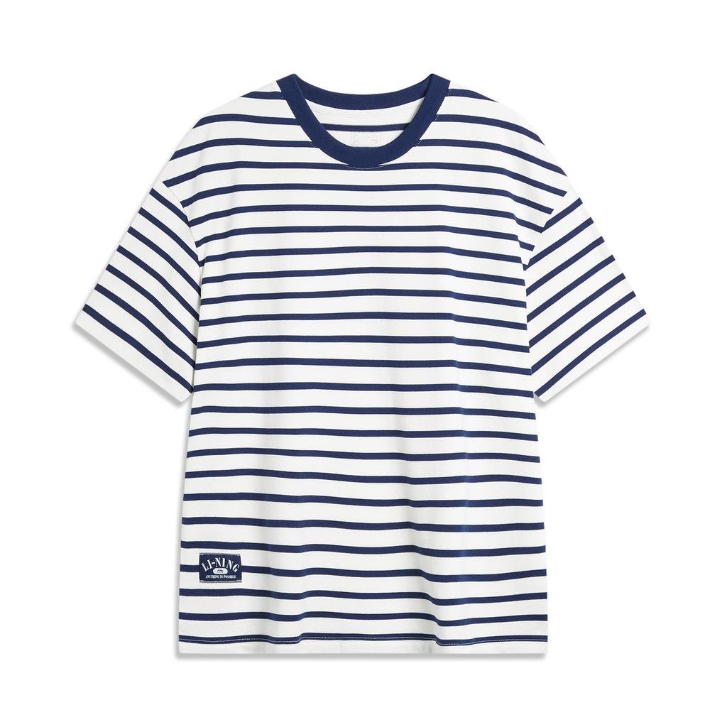Футболка Li Ning Weekend Youth High Street American Vintage Striped Round Neck Casual Free Soft Short Sleeve Футболка Unisex Топы Off-White Deep-Navy AHSU659-3