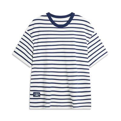 Футболка Li Ning Weekend Youth High Street American Vintage Striped Round Neck Casual Free Soft Short Sleeve Футболка Unisex Топы Off-White Deep-Navy AHSU659-3