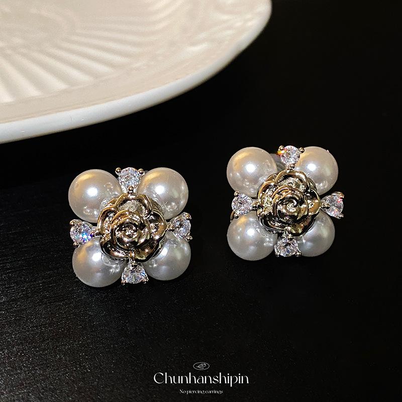Silver Camellia Pearl Stud Earrings Light Luxury Premium Retro Earrings No Pierced Ear Clips Women's No Hole Mosquito Coil Disc