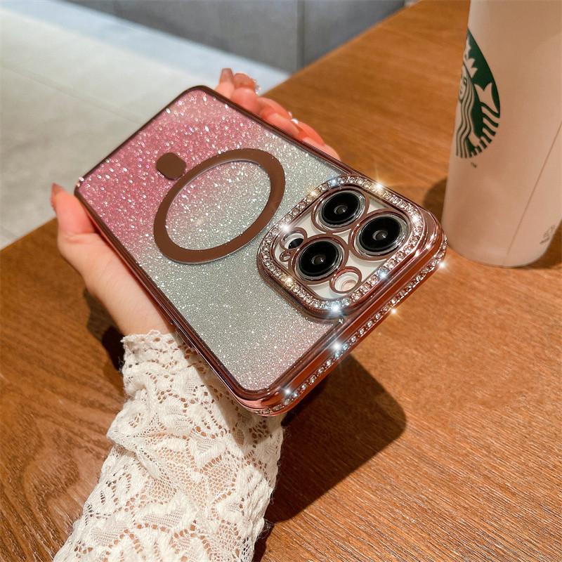 Luxury Fashion Electroplating Gradual Glitter Diamond Magnetic Phone Case For iPhone 15 14 13 12 11 Pro Max Shockproof Cover For iPhone 14 13 12 11