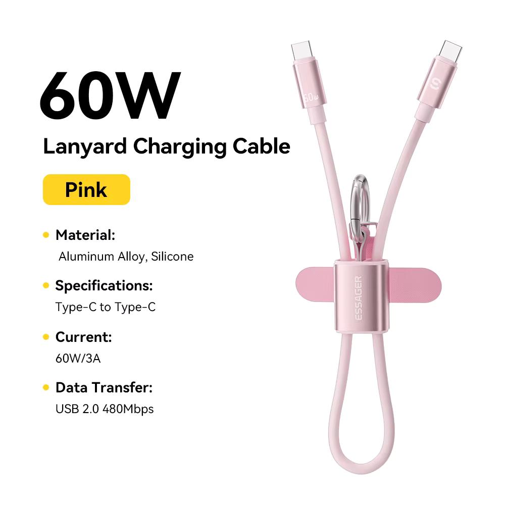 Essager 60 Вт USB Type-C Кабель для зарядки на шнурке Короткий кабель для Samsung S25 S24 Xiaomi iPhone 17 16 15 Pro Кабель Type-C на Type-C