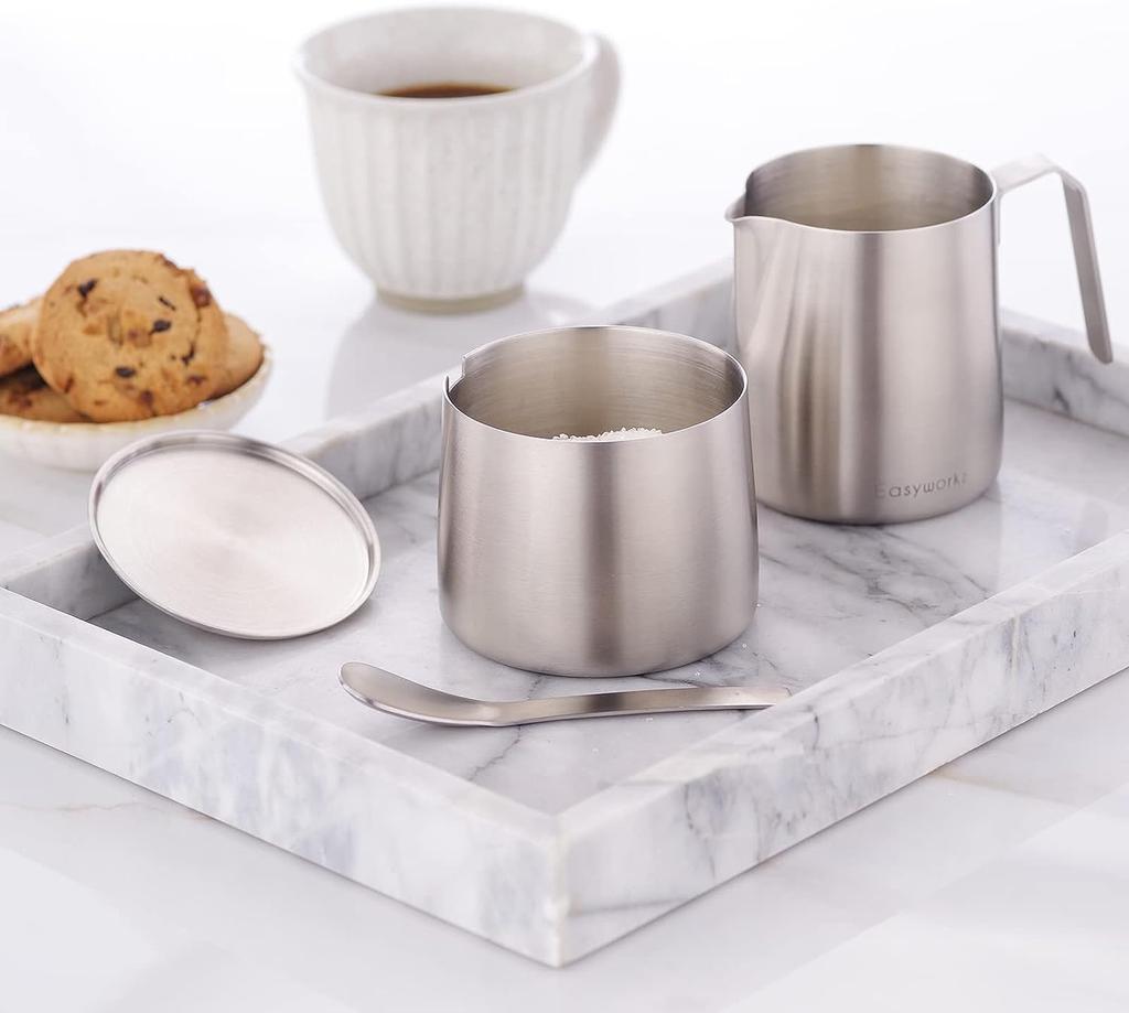 Easyworkz Stainless Steel Creamer and Sugar Bowl Set with Spoon, Stackable [Brushed Silver]